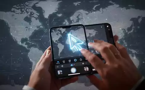 A smartphone displaying a photo editing app, with AI features and a subtle map of Europe in the background. - Foto: über boerse-global.de