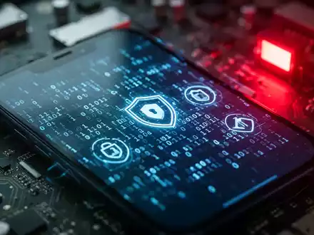 A smartphone screen displaying binary code and security symbols, with a blurred background of circuit boards and red light. - Foto: über boerse-global.de