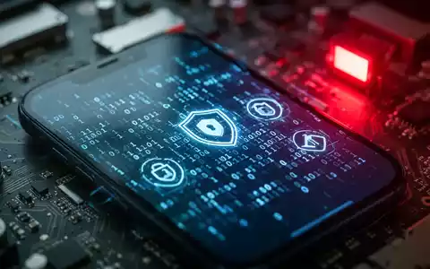A smartphone screen displaying binary code and security symbols, with a blurred background of circuit boards and red light. - Foto: über boerse-global.de
