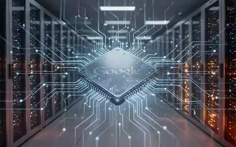 A glowing Google AI chip at the center of a complex network of data lines and server racks in a modern data center. - Foto: über boerse-global.de
