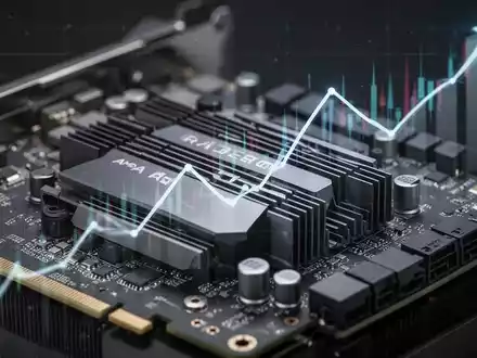 Close-up of an AMD Radeon graphics card, showcasing its advanced components. A subtle upward trend graph is visible in the background. - Foto: über boerse-global.de
