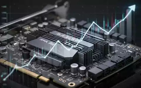 Close-up of an AMD Radeon graphics card, showcasing its advanced components. A subtle upward trend graph is visible in the background. - Foto: über boerse-global.de