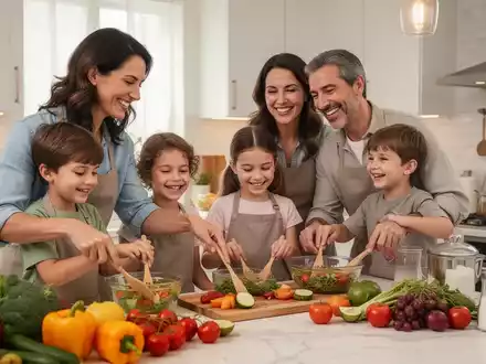 Eine Familie kocht gemeinsam in einer hellen Küche und bereitet gesunde Mahlzeiten mit frischen Früchten und Gemüse zu. - Foto: über boerse-global.de
