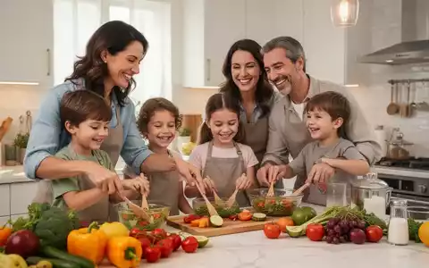 Eine Familie kocht gemeinsam in einer hellen Küche und bereitet gesunde Mahlzeiten mit frischen Früchten und Gemüse zu. - Foto: über boerse-global.de
