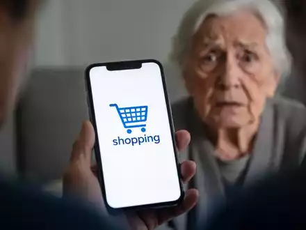 Ein verschwommenes Smartphone-Display mit einem generischen Online-Shop-Logo, gehalten von einer Person, im Hintergrund ein besorgter älterer Mensch. - Foto: über boerse-global.de