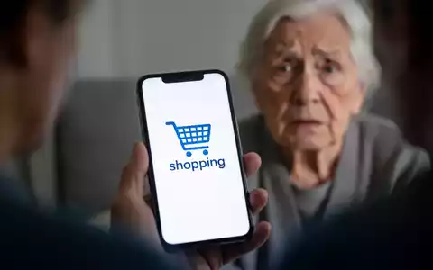 Ein verschwommenes Smartphone-Display mit einem generischen Online-Shop-Logo, gehalten von einer Person, im Hintergrund ein besorgter älterer Mensch. - Foto: über boerse-global.de