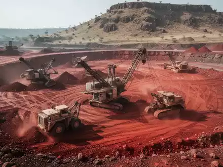 Luftaufnahme einer Bergbaustätte mit schwerem Gerät und einer kargen Hügellandschaft im Hintergrund. - Foto: über boerse-global.de
