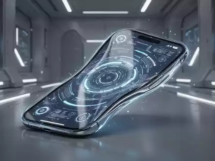 Ein zukünftiges iPhone mit einem nahtlosen, vierfach gekrümmten, randlosen Display in einer hochtechnologischen Umgebung. - Foto: über boerse-global.de