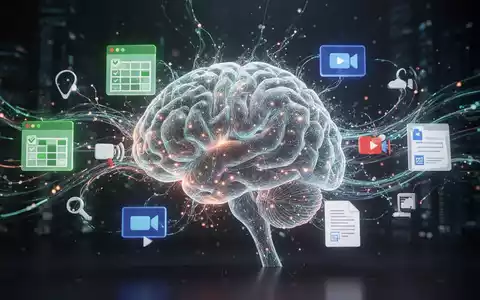 A glowing, abstract AI brain intertwined with icons representing productivity software like spreadsheets, video calls, and documents. - Foto: über boerse-global.de