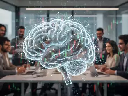 A glowing, abstract neural network brain with a subtle stock market ticker overlay, set against a blurred modern office backdrop. - Foto: über boerse-global.de