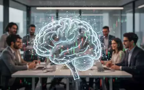 A glowing, abstract neural network brain with a subtle stock market ticker overlay, set against a blurred modern office backdrop. - Foto: über boerse-global.de
