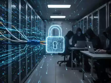 A dimly lit server room with glowing blue data streams, a digital lock icon, and shadowy figures of hackers. - Foto: über boerse-global.de