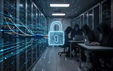 A dimly lit server room with glowing blue data streams, a digital lock icon, and shadowy figures of hackers. - Foto: über boerse-global.de