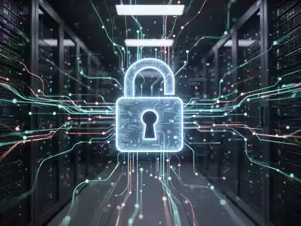 A digital padlock icon superimposed over a glowing, complex network of data streams and server racks, representing cybersecurity. - Foto: über boerse-global.de