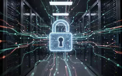 A digital padlock icon superimposed over a glowing, complex network of data streams and server racks, representing cybersecurity. - Foto: über boerse-global.de