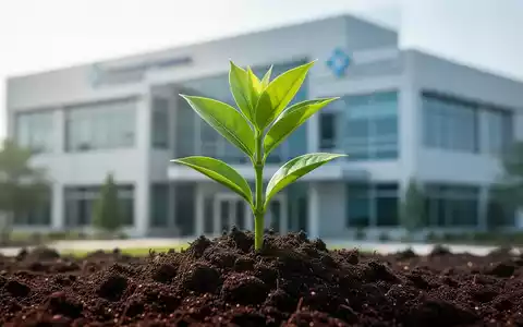 Eine grüne Pflanze sprießt aus der Erde, im Hintergrund ein modernes Firmengebäude. Symbolisiert Wachstum und Fusion. - Foto: über boerse-global.de