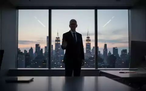 A silhouette of a businessman, resembling Tim Cook, in a modern office overlooking a city at dusk, symbolizing leadership transition. - Foto: über boerse-global.de