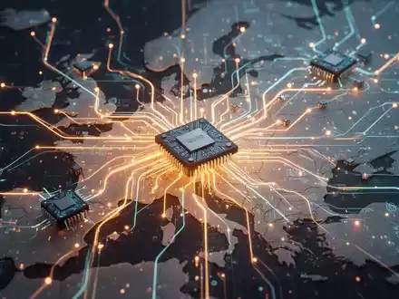 A glowing network of microchips and data streams superimposed over a map of Europe, symbolizing EU investment in AI infrastructure. - Foto: über boerse-global.de