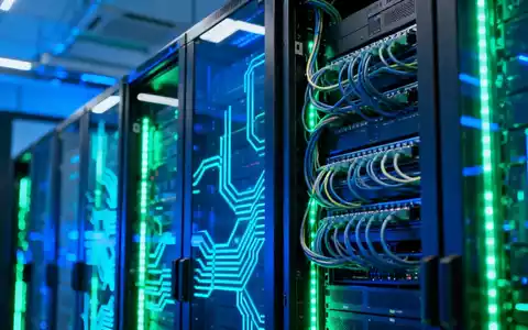 Nahaufnahme eines modernen Serverraums mit leuchtenden blauen und grünen Lichtern, die Technologie und Daten darstellen. - Foto: über boerse-global.de
