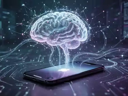 Eine futuristische KI-Schnittstelle überlagert ein stilisiertes Gehirn, verbunden mit einem Smartphone, das ein Apple-Logo zeigt. - Foto: über boerse-global.de