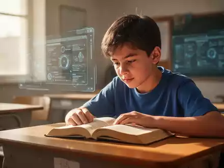 A young student reading a physical book in a sunlit classroom, with a blurred digital interface in the background. - Foto: über boerse-global.de