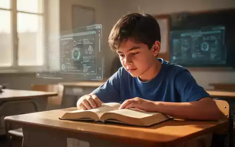 A young student reading a physical book in a sunlit classroom, with a blurred digital interface in the background. - Foto: über boerse-global.de