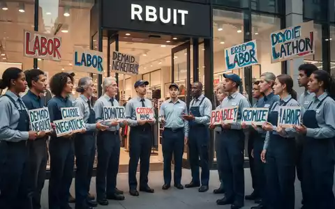 Einzelhandelsmitarbeiter bei einer Kundgebung vor einem modernen Geschäft, die flexible Arbeit und Tarifverhandlungen symbolisiert. - Foto: über boerse-global.de