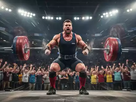 Ein Kraftdreikämpfer konzentriert sich während eines Powerlifting-Wettkampfs, während er eine schwere Langhantel hebt. - Foto: über boerse-global.de