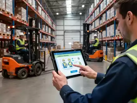Ein Arbeiter in einem modernen Lagerhaus, der auf einem Tablet eine digitale Arbeitsschutzunterweisung durchführt, während im Hintergrund ein Gabelstapler fährt. - Foto: über boerse-global.de