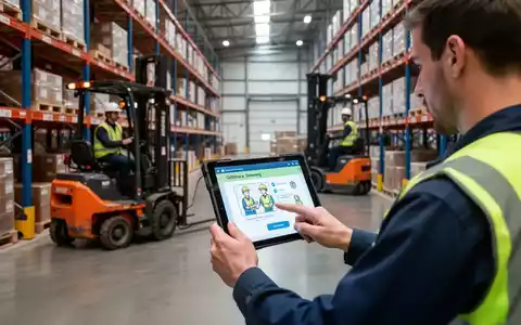 Ein Arbeiter in einem modernen Lagerhaus, der auf einem Tablet eine digitale Arbeitsschutzunterweisung durchführt, während im Hintergrund ein Gabelstapler fährt. - Foto: über boerse-global.de