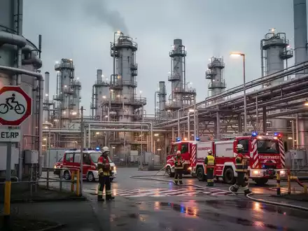Ein Chemiepark in Dormagen, Deutschland, mit industriellen Anlagen und Sicherheitsvorkehrungen bei einem Chemieunfall. - Foto: über boerse-global.de