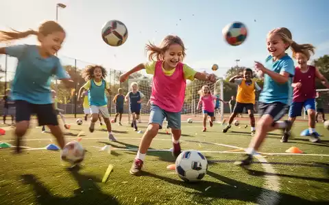 Eine Gruppe von Kindern, die bei einem Sporttag verschiedene Sportarten auf einem sonnigen Sportplatz ausüben. - Foto: über boerse-global.de