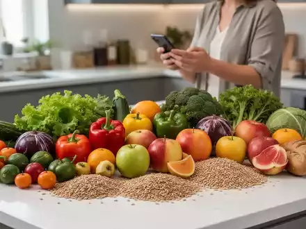 Frisches Obst, Gemüse und Vollkornprodukte auf einer Küchentheke mit einer Person, die im Hintergrund auf ein Smartphone schaut. - Foto: über boerse-global.de