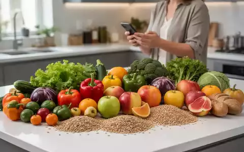 Frisches Obst, Gemüse und Vollkornprodukte auf einer Küchentheke mit einer Person, die im Hintergrund auf ein Smartphone schaut. - Foto: über boerse-global.de