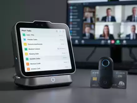 A sleek AI desktop planning device and a small AI voice recorder on a modern desk, with a blurred video conference in the background. - Foto: über boerse-global.de