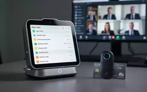 A sleek AI desktop planning device and a small AI voice recorder on a modern desk, with a blurred video conference in the background. - Foto: über boerse-global.de