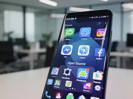Android smartphone showing open-source productivity apps, with a blurred office background. - Foto: über boerse-global.de