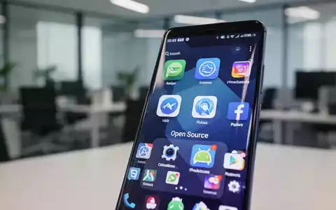 Android smartphone showing open-source productivity apps, with a blurred office background. - Foto: über boerse-global.de
