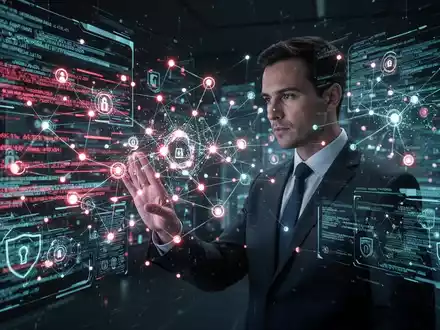 A cybersecurity expert analyzes abstract digital data streams and glowing network nodes on a holographic interface, symbolizing a data breach. - Foto: über boerse-global.de