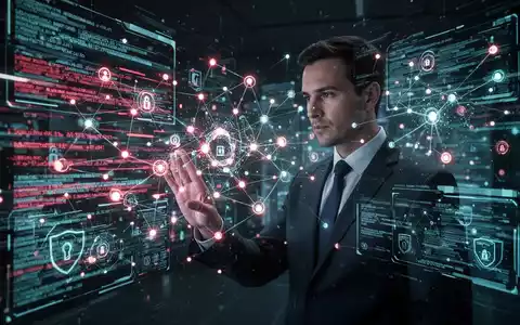 A cybersecurity expert analyzes abstract digital data streams and glowing network nodes on a holographic interface, symbolizing a data breach. - Foto: über boerse-global.de