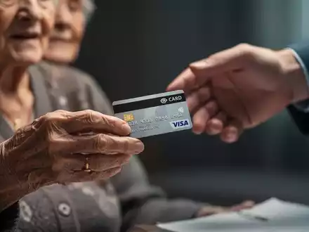 An elderly woman's hand holding a bank card, with a younger, blurred hand reaching towards it, symbolizing financial fraud. - Foto: über boerse-global.de