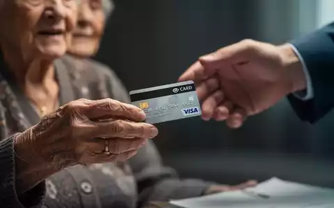 An elderly woman's hand holding a bank card, with a younger, blurred hand reaching towards it, symbolizing financial fraud. - Foto: über boerse-global.de