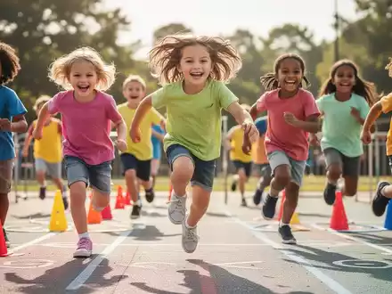 Eine Gruppe fröhlicher Vorschulkinder nimmt an einem sportlichen Parcours teil, rennt und springt mit viel Energie. - Foto: über boerse-global.de
