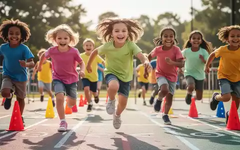Eine Gruppe fröhlicher Vorschulkinder nimmt an einem sportlichen Parcours teil, rennt und springt mit viel Energie. - Foto: über boerse-global.de