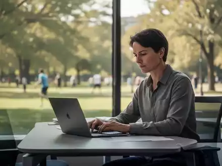 Eine Person sitzt an einem modernen Schreibtisch und blickt auf einen Laptop, während ein sonniger Park durch ein Fenster sichtbar ist. - Foto: über boerse-global.de