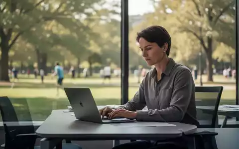Eine Person sitzt an einem modernen Schreibtisch und blickt auf einen Laptop, während ein sonniger Park durch ein Fenster sichtbar ist. - Foto: über boerse-global.de