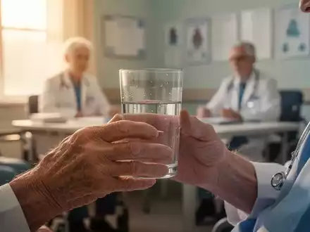 Eine Nahaufnahme der Hand einer älteren Person, die ein Glas Wasser hält, mit einem unscharfen Hintergrund eines Arztzimmers. - Foto: über boerse-global.de