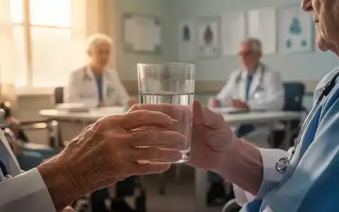 Eine Nahaufnahme der Hand einer älteren Person, die ein Glas Wasser hält, mit einem unscharfen Hintergrund eines Arztzimmers. - Foto: über boerse-global.de