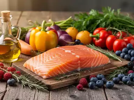 Eine Nahaufnahme einer Auswahl an frischen, gesunden Lebensmitteln wie Lachs, Gemüse, Beeren und Olivenöl auf einem Holztisch. - Foto: über boerse-global.de