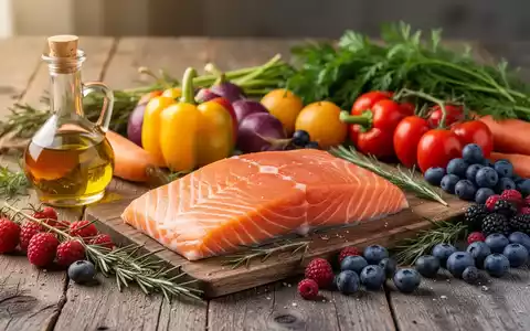 Eine Nahaufnahme einer Auswahl an frischen, gesunden Lebensmitteln wie Lachs, Gemüse, Beeren und Olivenöl auf einem Holztisch. - Foto: über boerse-global.de
